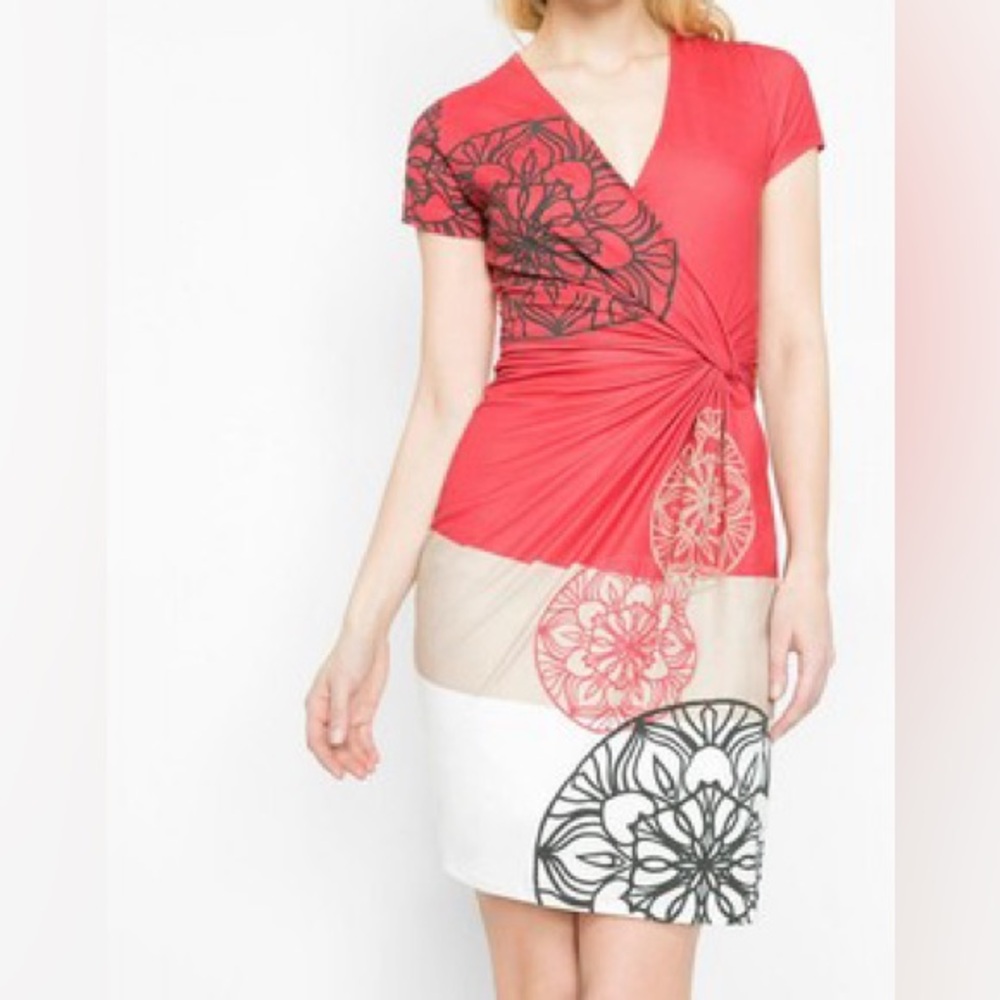 🆕Desigual Size M Faux Wrap V-Neck Mandala Printed Dress in Red and Tan